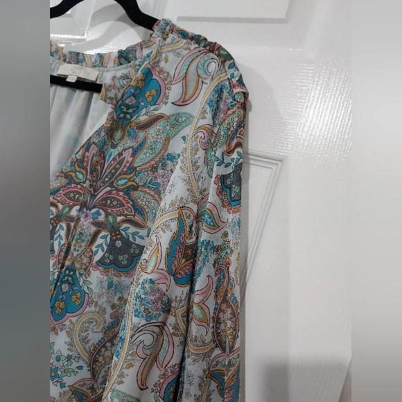 LOFT Plus Multicolored Paisley Print Long Sleeve Tie Neck Blouse in Size 22 - Picture 8 of 13